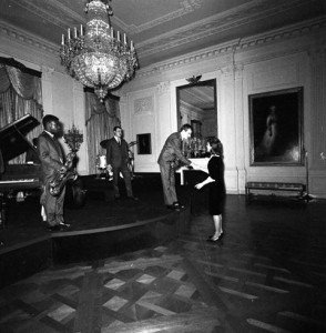 First Lady Jacqueline Kennedy shakes Paul Winter's hand afte the concert